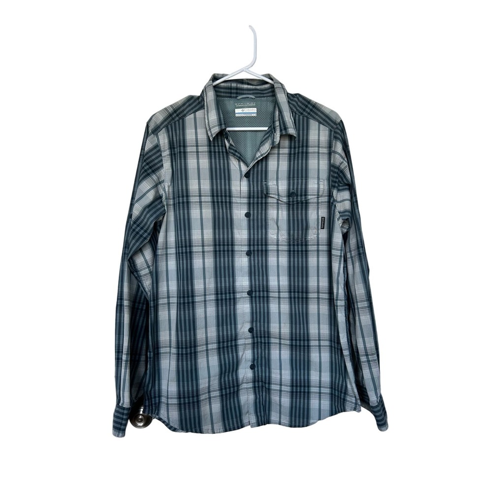 Columbia Omni Wick Plaid Button‎ Up Fishing Shirt Front Pocket Gray White Medium